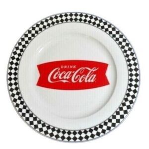 Drink Coca Cola Checkered Diamond Ceramic Dinner Plate 10.5 Banner Logo Gift NEW